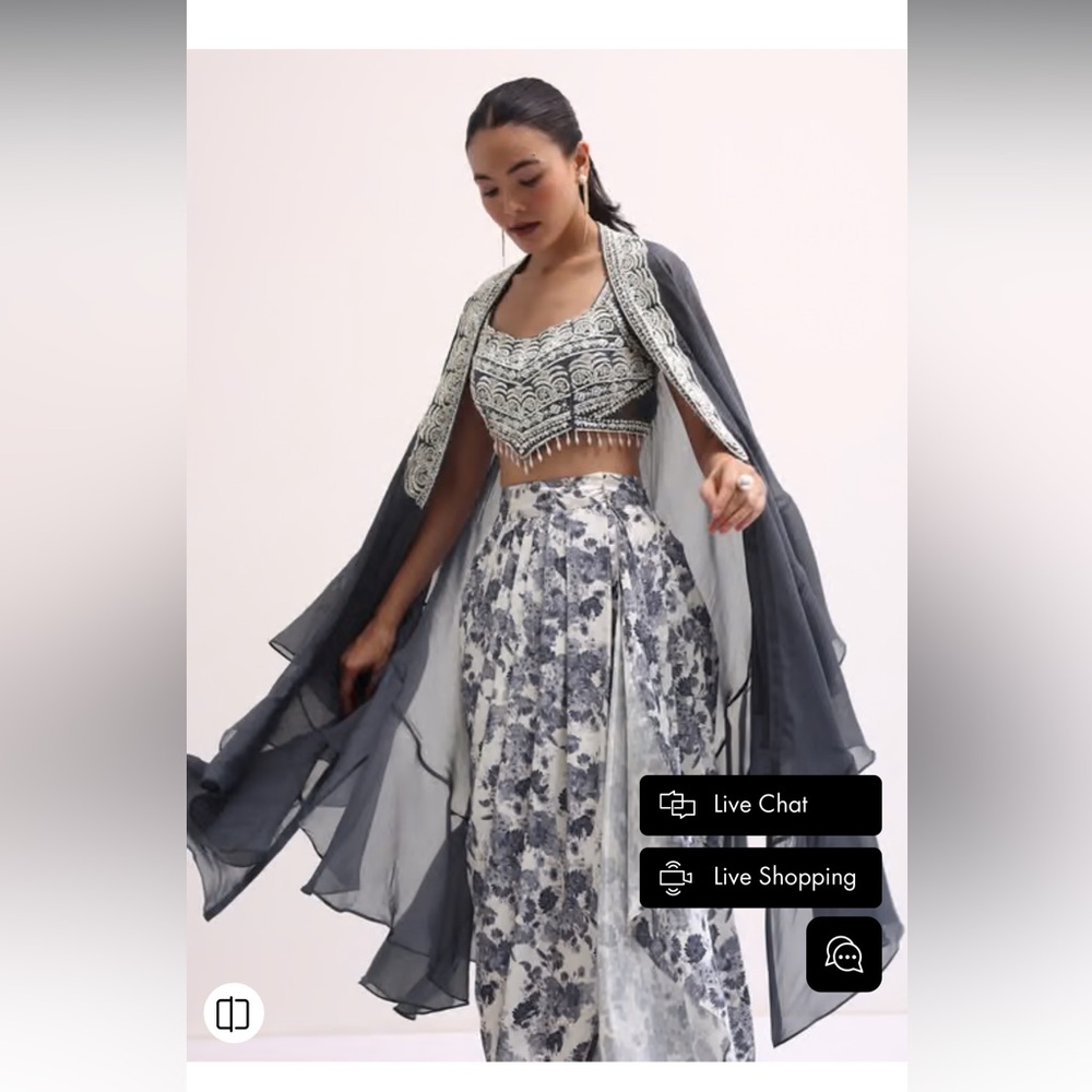 Grey Embroidered Crop Top And Skirt Set